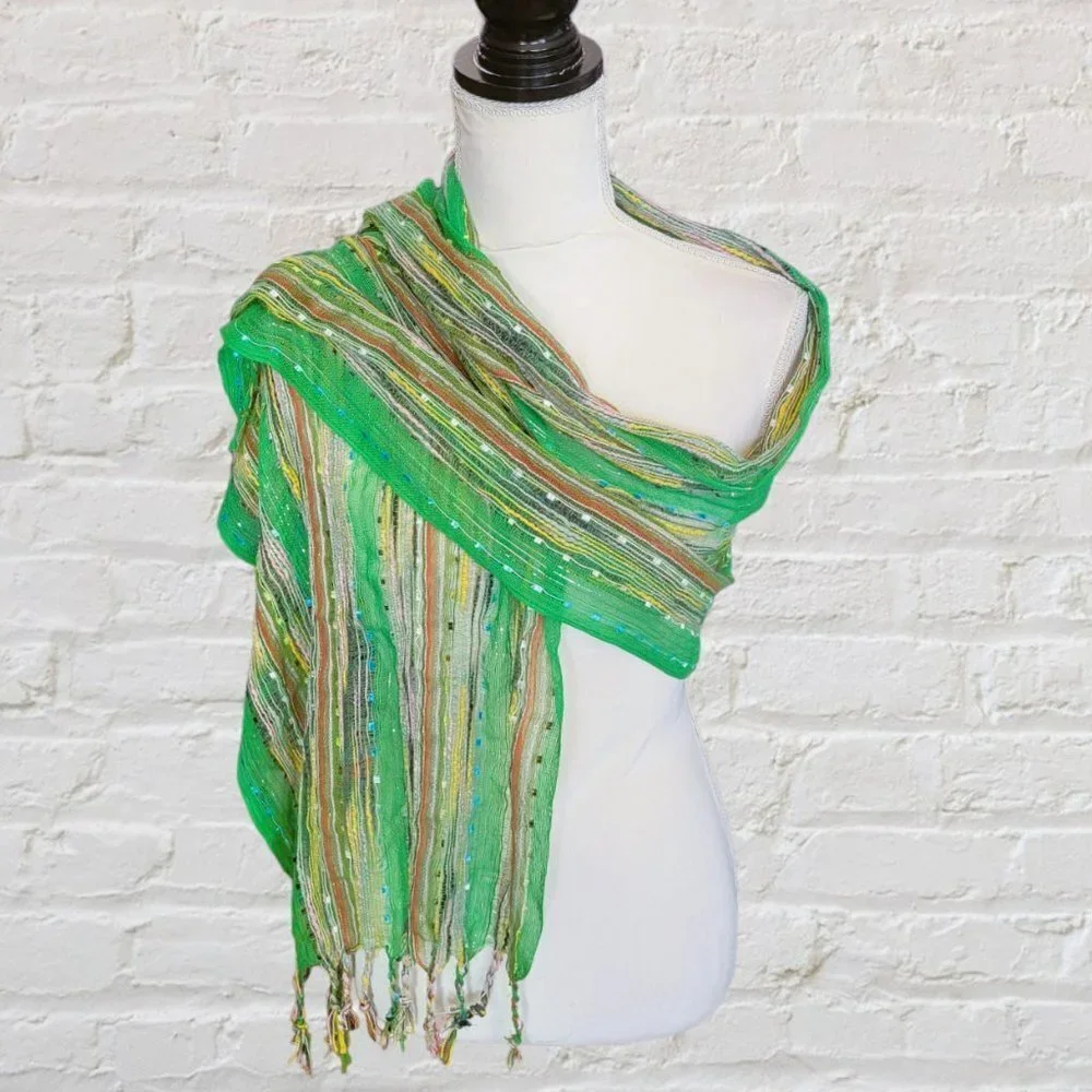 Green with Silver Threads Multicolored Background‎ Cotton Open Weave Scarf…